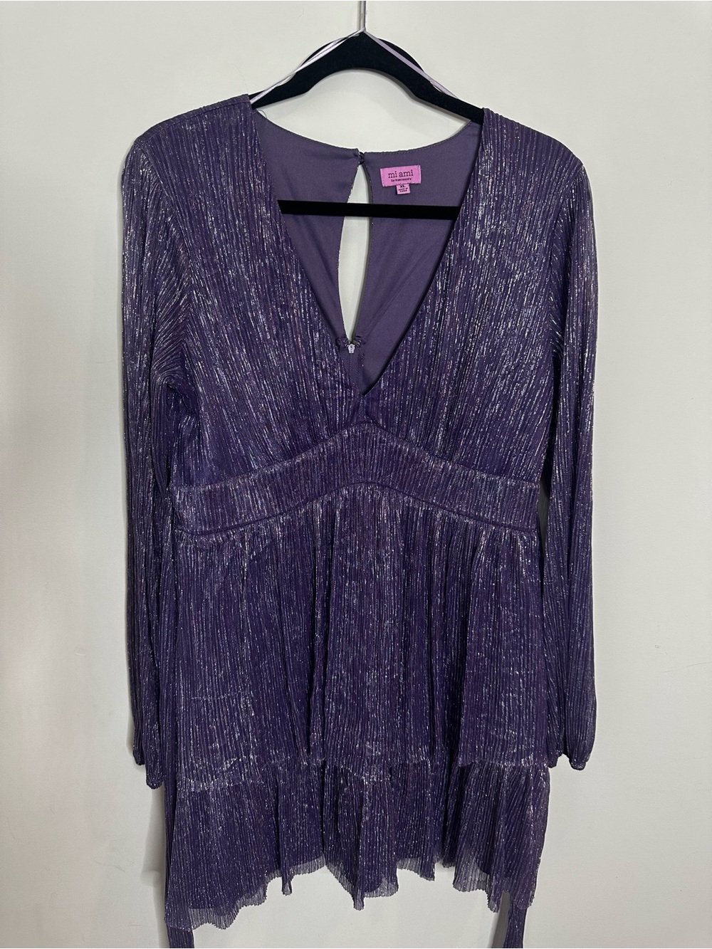 miami Purple Metallic V-Neck Tiered Long Sleeve Dress